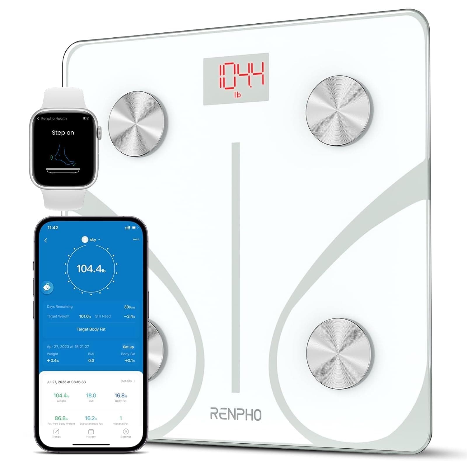 RENPHO Bluetooth Body Fat Smart Scale BMI Scale Bathroom Digital Weight Scale, Body Composition Analyzer Monitor with Smartphone App 396 lbs - White