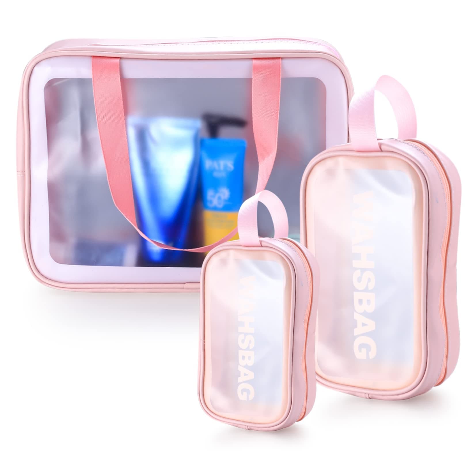 qiwuhai Clear Toiletry Bag for Women Men, 3pcs Travel Makeup Bag with Handle, Portable PVC Toiletry Bags Set, Transparent Waterproof Cosmetic Bag Pouch, Travel Wash Bag for Traveling Toiletries, Pink