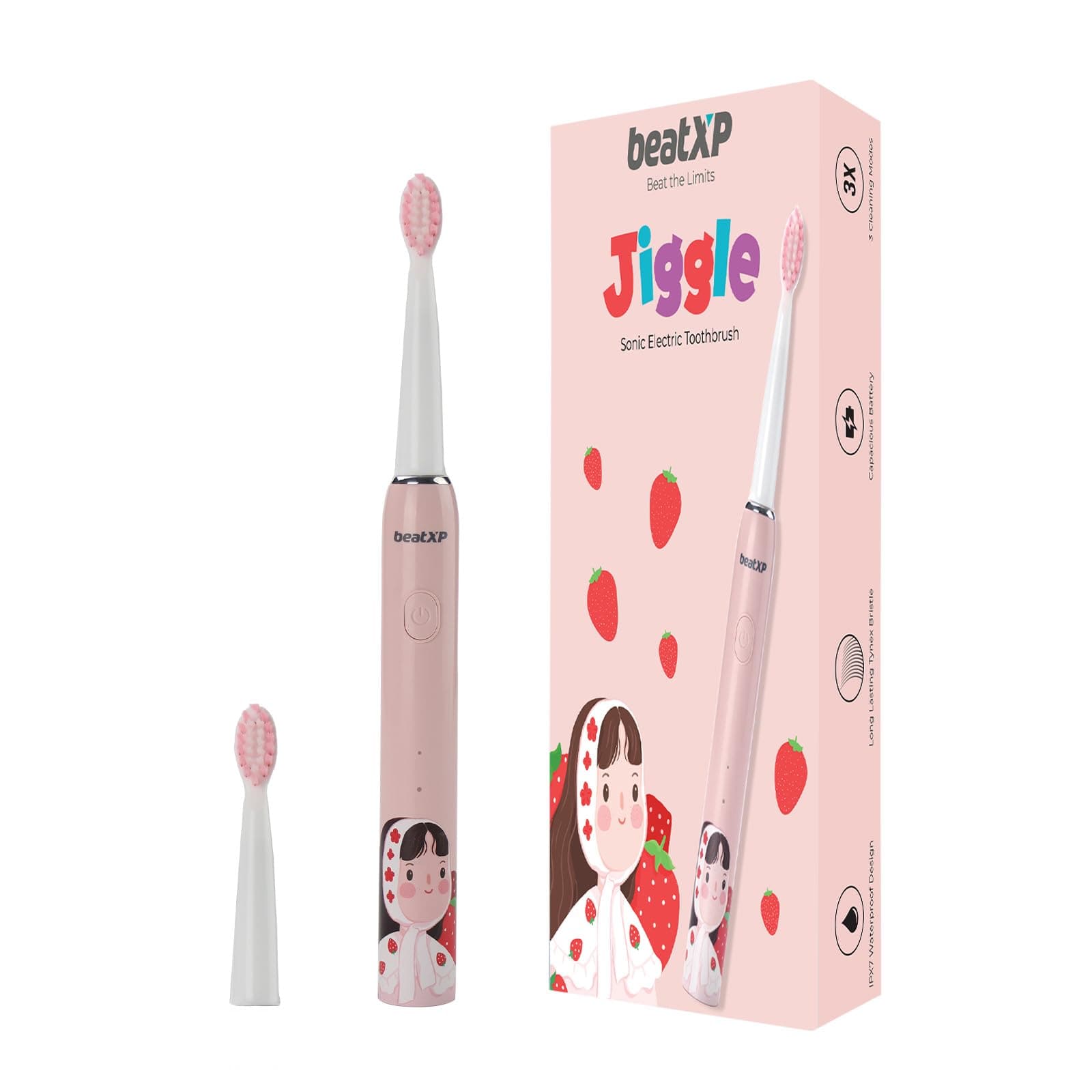 beatXP Jiggle Sonic Electric Toothbrush for Kids with 2 Brush Heads & 3 Cleaning Modes | Rechargeable Electric Toothbrush | 20500 Strokes/Min with Long Battery Life (Rosy Pink),1 Count