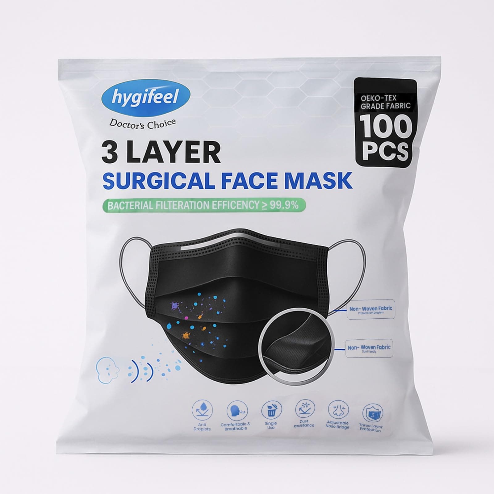 HYGIFEEL 3 Ply Surgical Face Mask (Pack of 100)-Black | Disposable Medical Face Mask with Nose Clip | BFE ≥99.9% Filtration | Breathable Protective Mask for Men & Women
