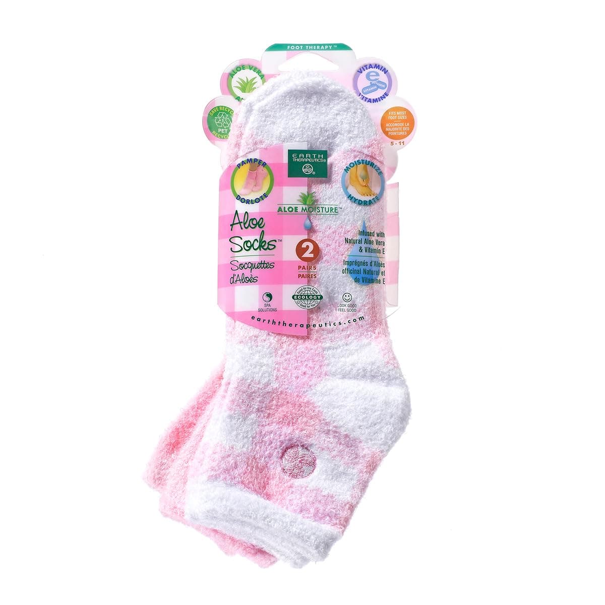 Aloe Moisture Socks by Earth Therapeutics, 2 Pack: Pink Plaid, Infused with Natural Aloe Vera & Vitamin E