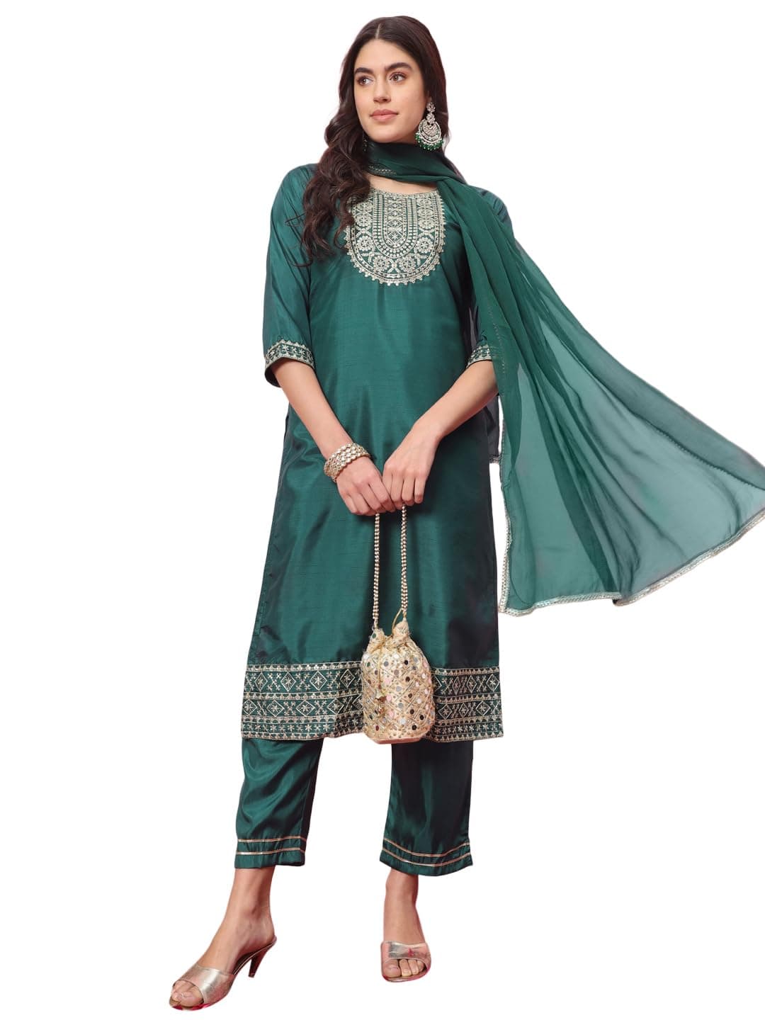 VredeVogel Women's Silk Blend Embroidered Kurta with Pant & Nazmin Dupatta Set