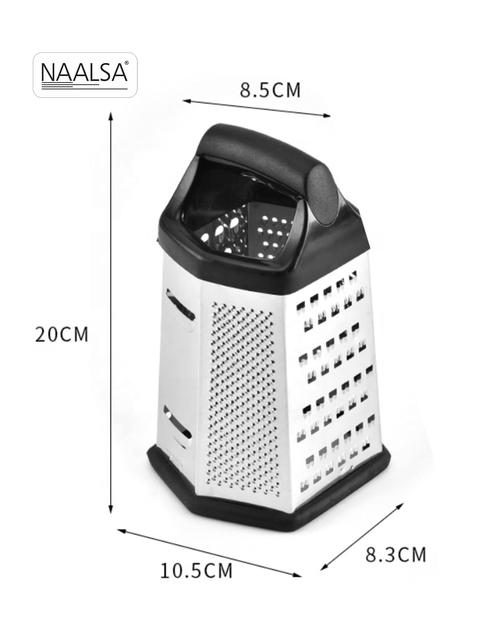 NAALSA - Berlin 6 Side Stainless Steel Professional Multi Purpose Grater Vegetable Chopper Slicer Kitchen Cutter, Shredder for Cheese & Vegetables 8 inch