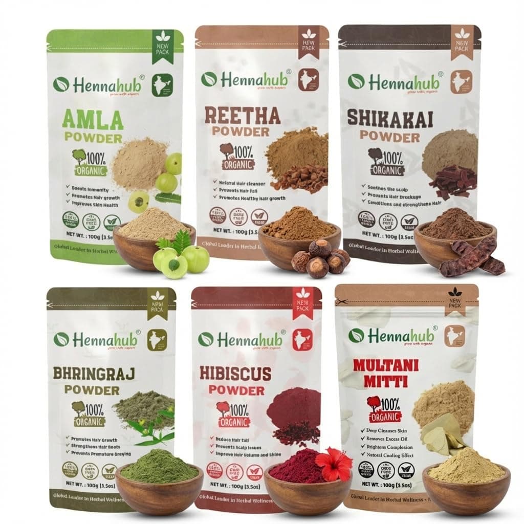 Amla Reetha Shikakai Bhringraj Hibiscus Multani Mitti Powder Combo for Hair Growth & Hair Fall Control | 6 Herbs x 100g | Double Filtered | Natural Hair Wash & Hair Mask | With Brush Gloves Shower Cap | Hennahub
