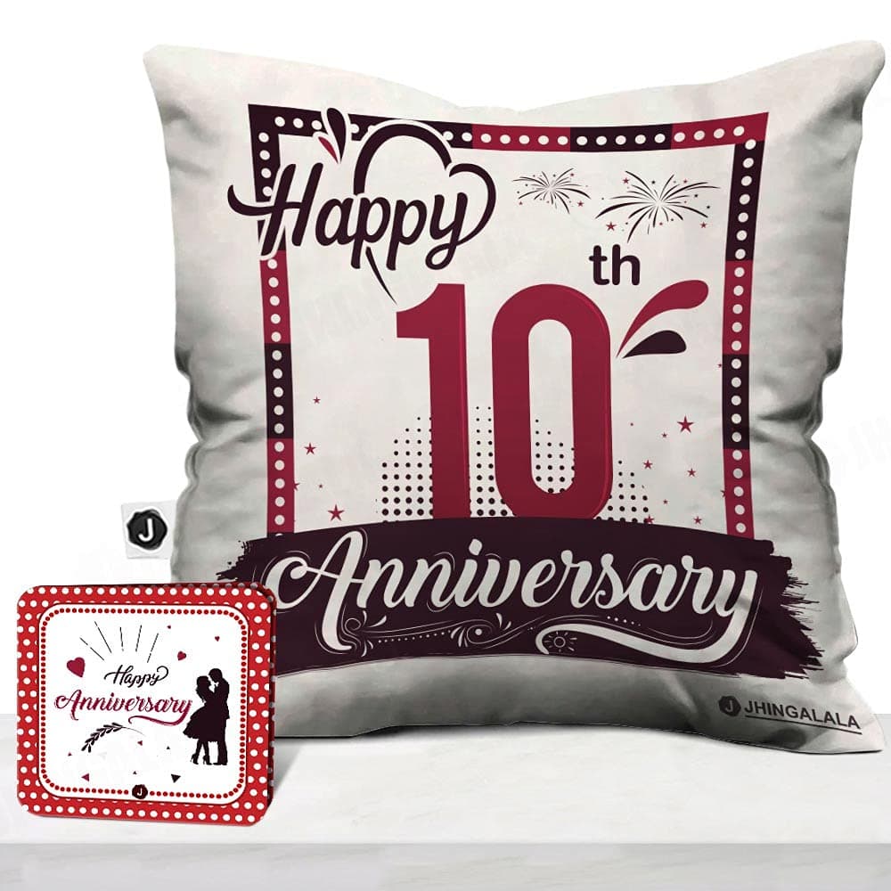 Jhingalala Gift for Anniversary | Happy 10th Anniversary Printed Cushion with Filler and Greeting Card | Gift for Couple, Mom, Dad, Parents, Husband, Wife, Mother, Father on 10th Anniversary