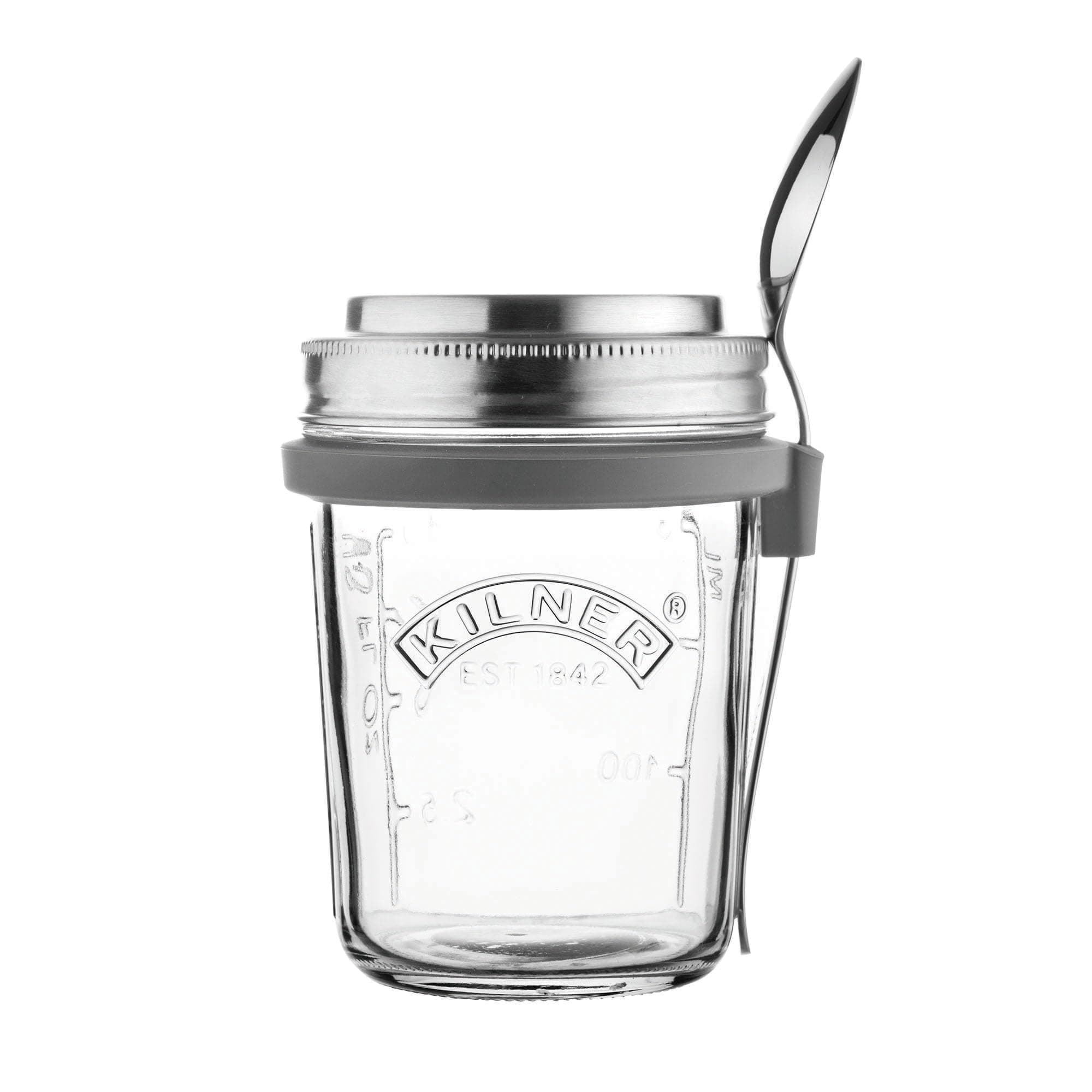 Kilner Premium 350ml Airtight Glass Oatmeal, Overnight Oats Jar, Breakfast Jar with Stainless Steel Spoon | Multipurpose Leakproof Wide Mouth Kitchen Container for Yougurt, Oatmeal, Milk, Salad