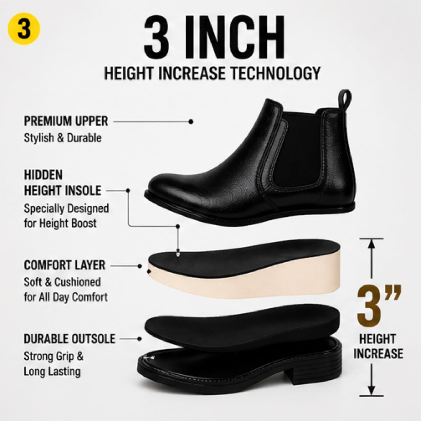 HEIGHTX Men’s Height Increasing Elevator Shoes | 3 Inch Taller | Hidden Lift Insole | Stylish Mid-Top Chelsea Boots | Comfortable Daily Wear | Black | (1 Inch Outer Heel & 2 Hidden Insole)
