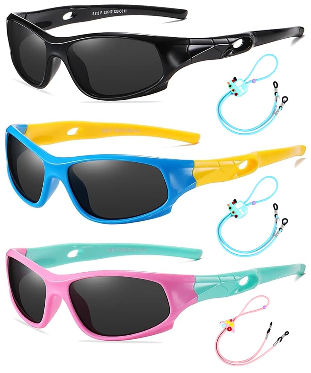 ROCF ROSSINI Pack of 3 Flexible Kids Sunglasses Polarized Sports Sun Glasses Girls Boys Cricket Shades with Straps UV400 Protection Eyewear for Age 3-10 (Black+Blue/Yellow+Pink/Cyan)