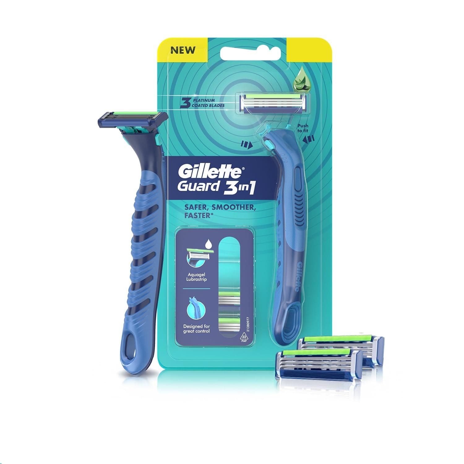 Gillette Guard 3in1 Shaving Razor Blade for men - 2 Cartridges + 1 Razor | Smooth Shave | Aqua gel Lubrastrip | 3 Platinum Coated Blades | Rubber Handle Grip | Flexi Head | good for Sensitive Skin