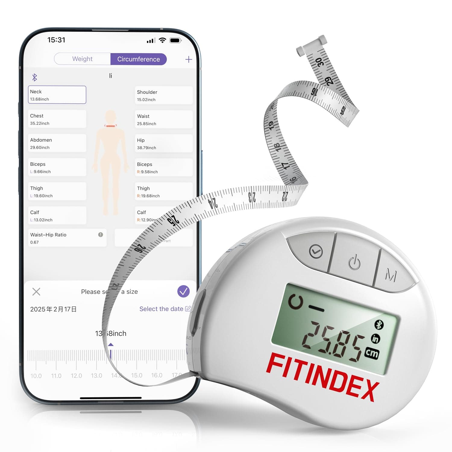 FITINDEX Body Measuring Tape, Accurate Bluetooth Measuring Tape for Body Measurements, Smart Body Tape Measure Retractable with 12 Body Parts Measure for Weight Loss Fitness Muscle Gain, Sync with APP.