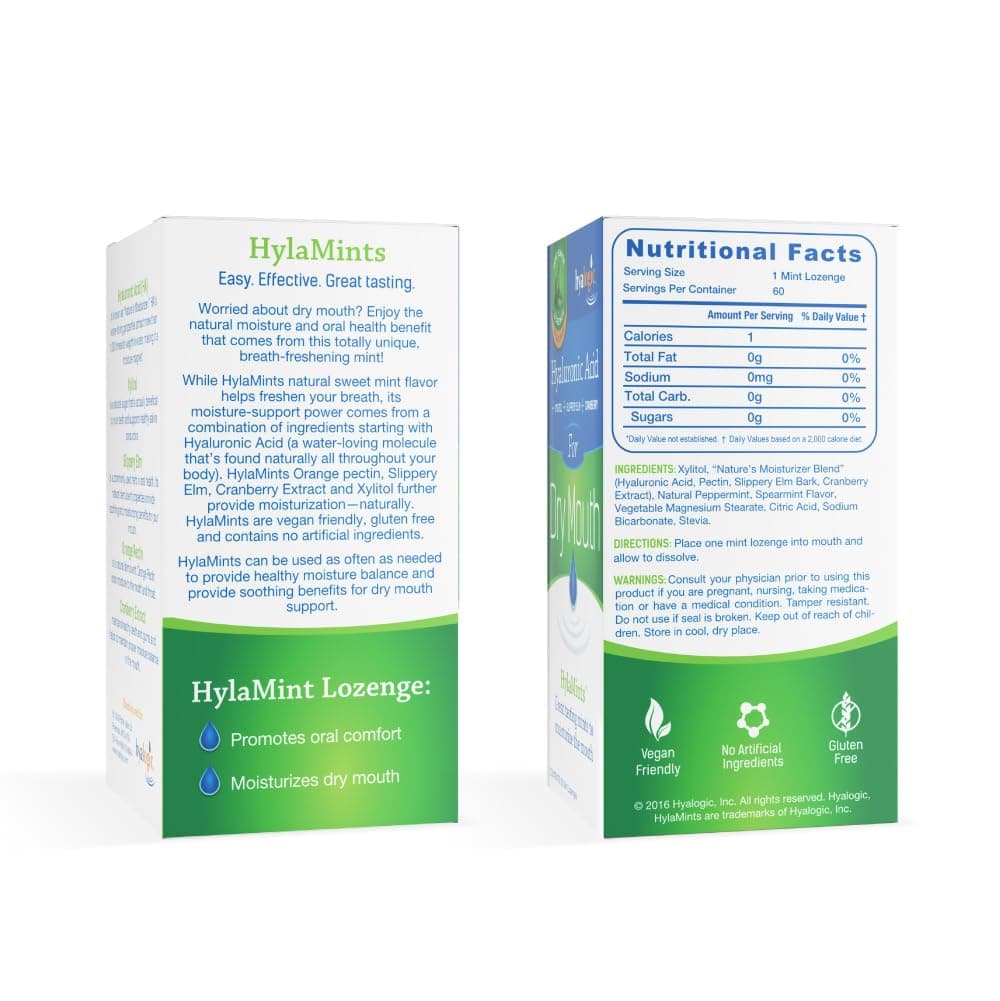 Hyalogic HylaMints - Hyaluronic Acid for Dry Mouth - Great Tasting Mints to Moisturize the Mouth - 60 Mint Lozenges by Hyalogic