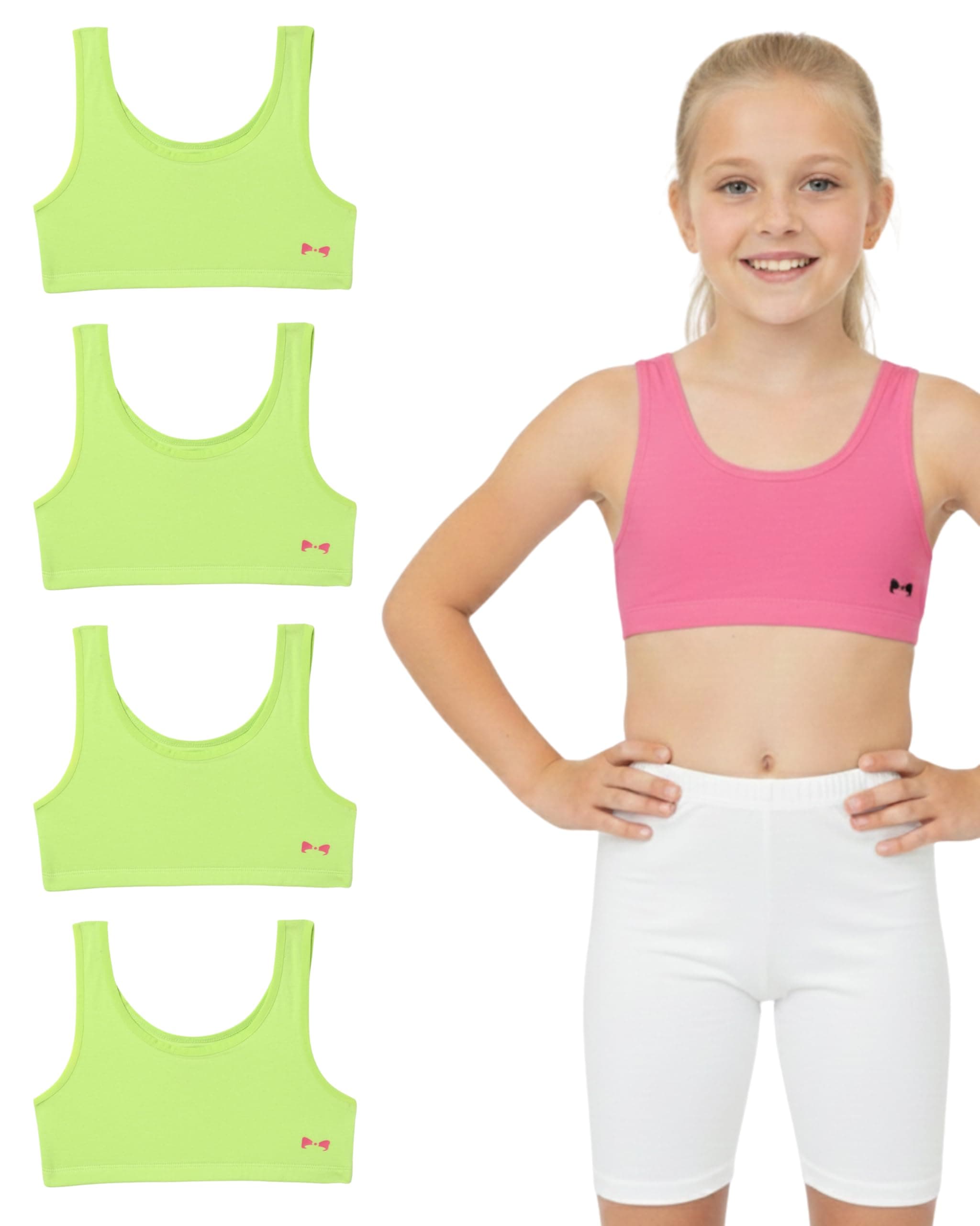 Lil Berry Girls Beginners Training & Sports Bras (4-Pack) | Soft Bio-Washed Cotton Elastane Sports Bra | Breathable, AZO-Free Comfort Bralette for School & Sports