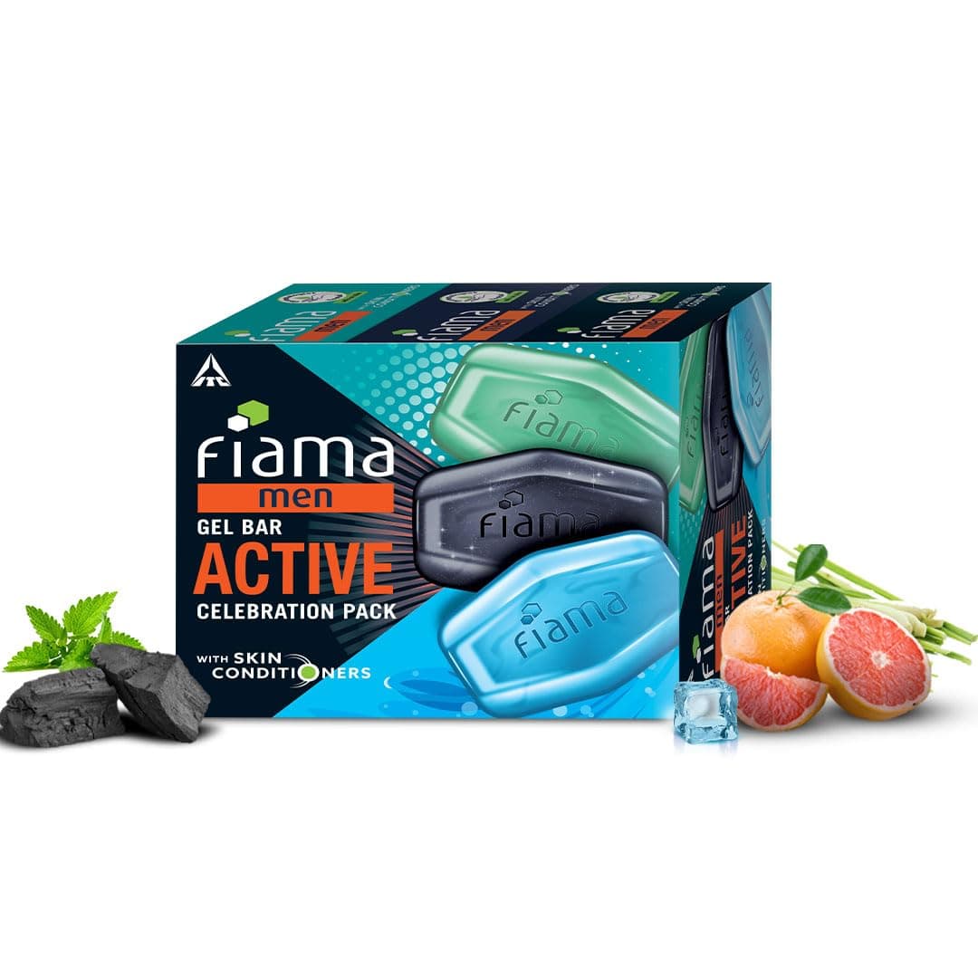 Fiama Men Active Celebration Pack 375g (125g Pack of 3) | Charcoal Deep Clean + 2 Unique Men Variants | Refreshed, Moisturized Skin with 30% Smoothing Body Serum | All Skin Types
