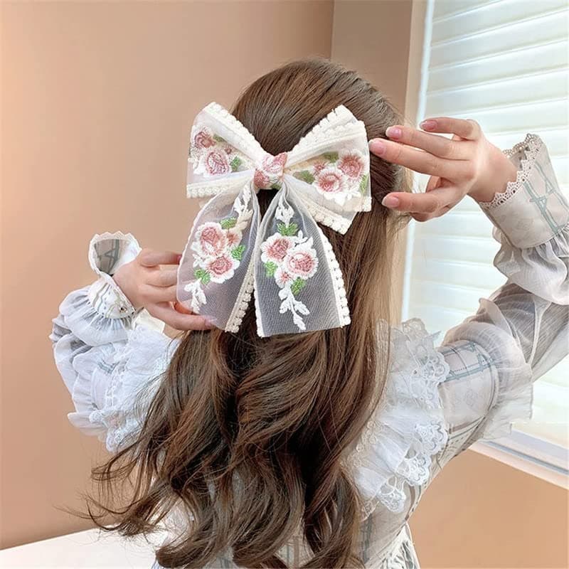 Belicia Women 1 Pcs Big Lace Bow Hairpin Embroidered Flower Ribbon Hairpin Jewelry Headband White Hair Accessories (Multicolor)