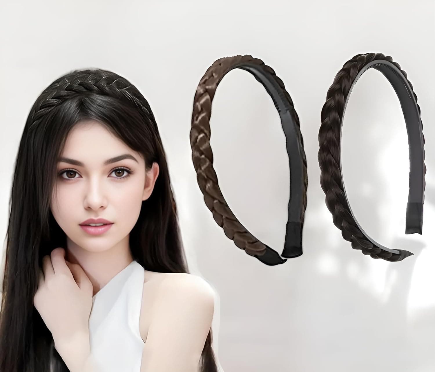 PACTIV 2 Pcs Braided Hair Headband with Teeth for Women & Girls | Natural Looking Synthetic Hair Band for Wedding, Party & Daly Wear | Non-Slip Grip Hair Accessories (Black & Brown)