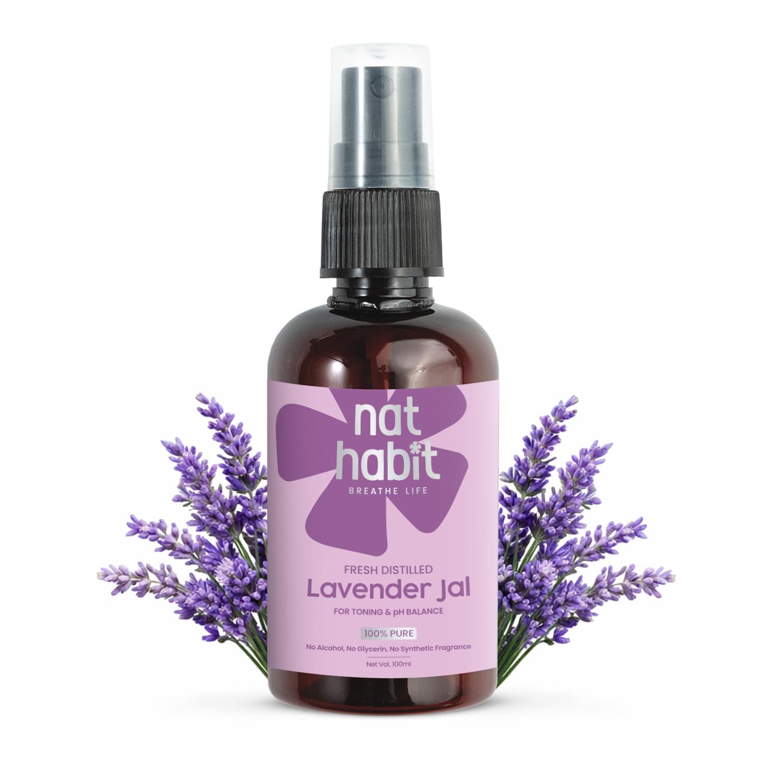 Nat Habit - 100% Pure Lavender Jal - Lavender Water, Toner, Face-Mist, Astringent & Face Spray, Ayurvedic Steam-Distilled For Oil-Control, Acne-Control, Skin Hydration (Pack of 1, 100 ml)