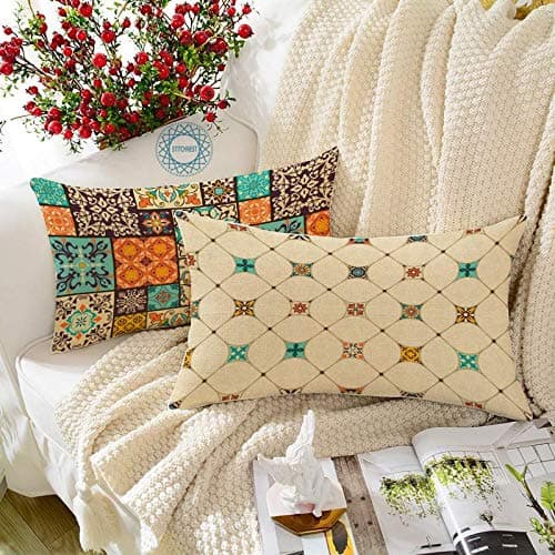 STITCHNEST Ethnic Art Box Printed Poly Cotton Cushion Cover, Set of 2 (12 X 18 Inches with Filler)