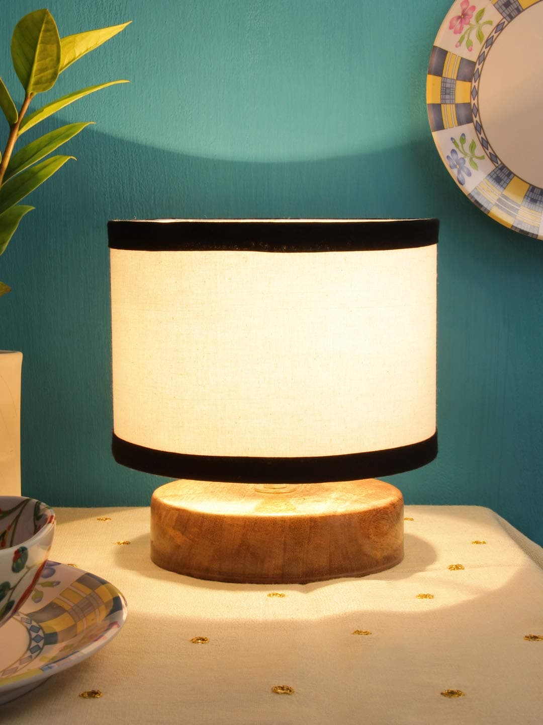 AMDHOME White & Black Cotton Shade Table Lamp with Wood Base - Height 7 Inches | Warm Ambient Light for Living Room, Bedroom, Home Decor, Study Lampshade