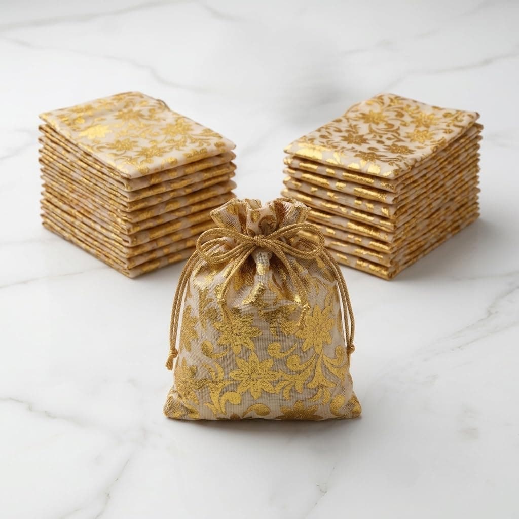 Oreayu 25 Pcs Premium Golden Organza Drawstring Gift Bags (9.5 x 13 cm)