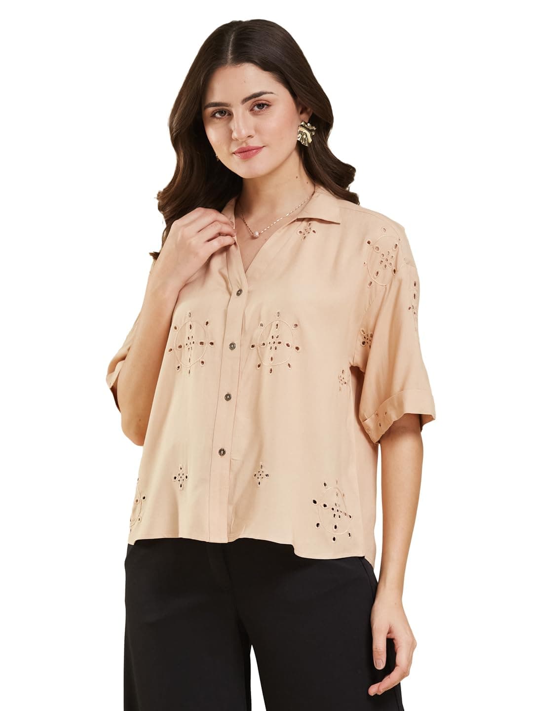 J TURRITOPSIS Women's Cotton Blend Embroidered Stylish Shirt