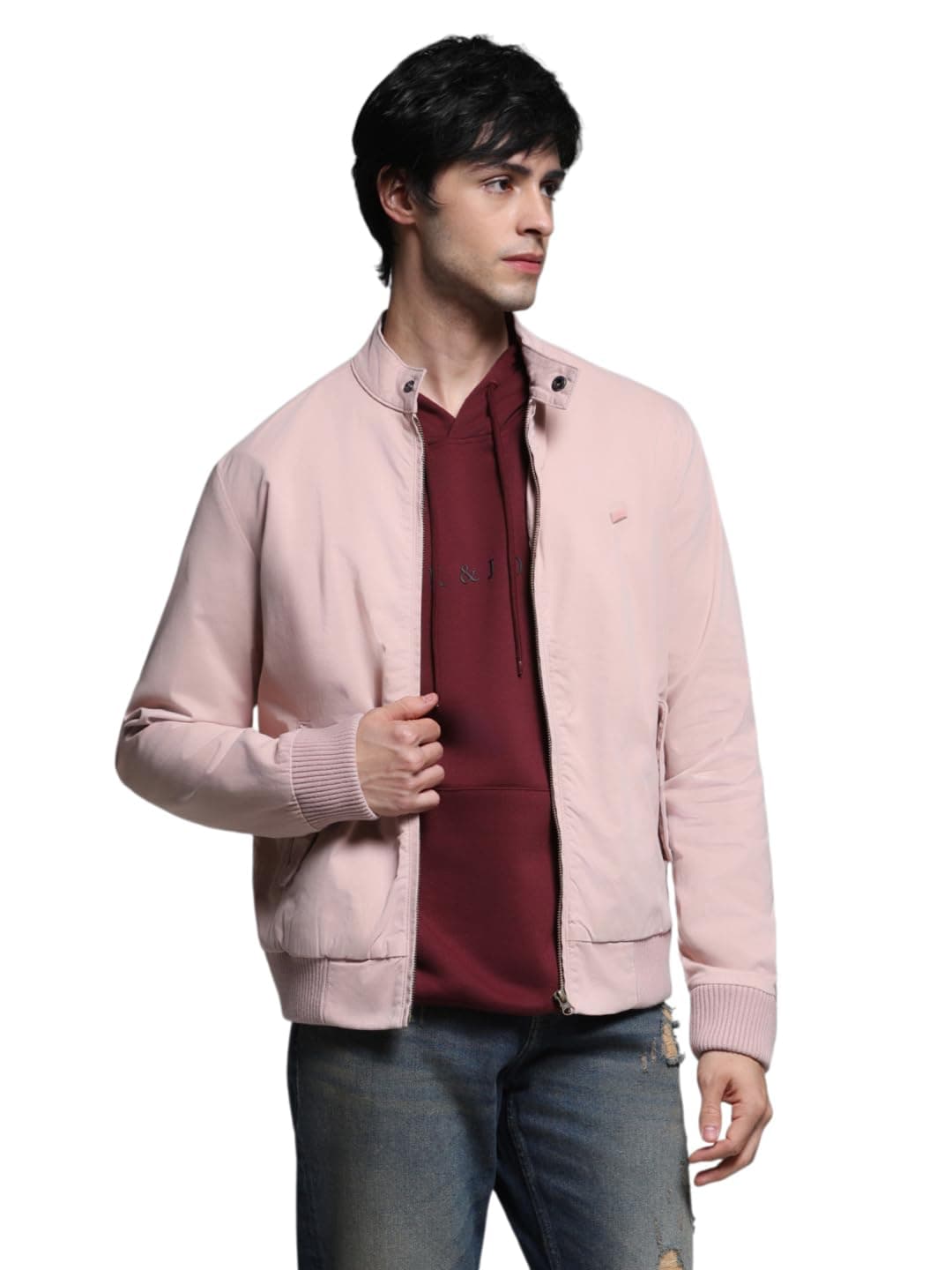 Jack & Jones Men's Mock Collar Solid Cotton Casual Bomber Jacket, Standard Length