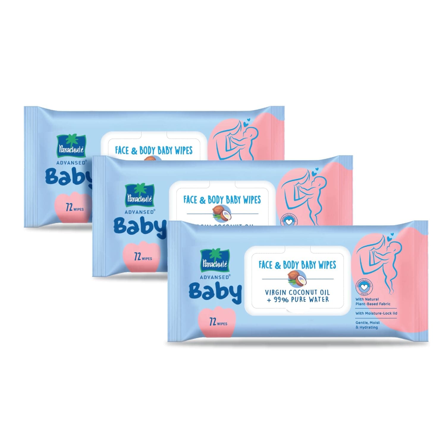 Parachute Advansed Baby | Face & Body Baby Wipes | With Virgin Coconut Oil & 99% Pure Water | Hypoallergenic, Dermatologically Tested & pH Balanced | Moisture-lock Lid | 72 wipes * Pack of 3