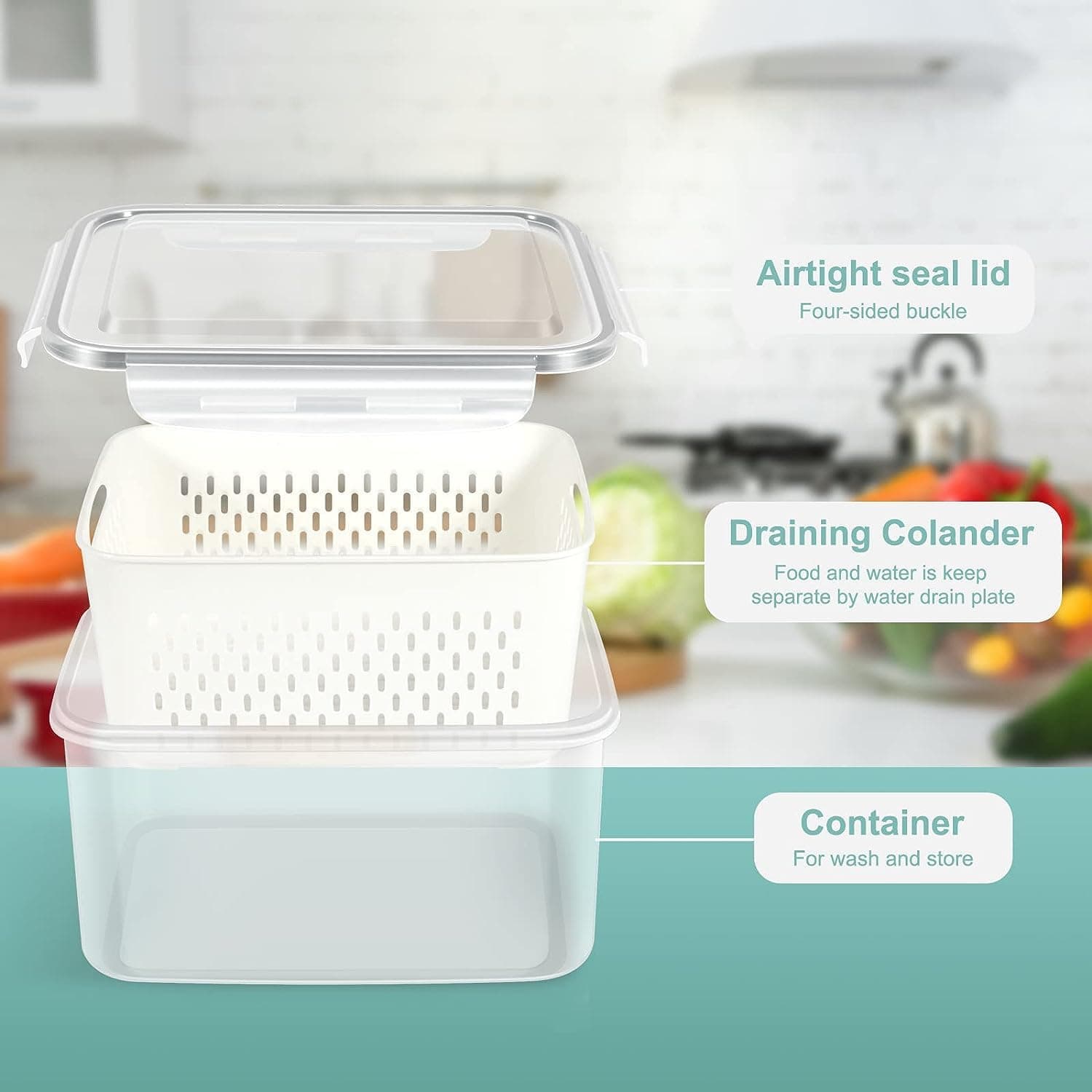 Snazzy Plastic 4 Pack Fridge Food Storage Container With Lids,Vegetable Fruit Berry Salad Kitchen Refrigerator Organizers Bins (4.15L+3.15L+1.7L+0.8L), Beige