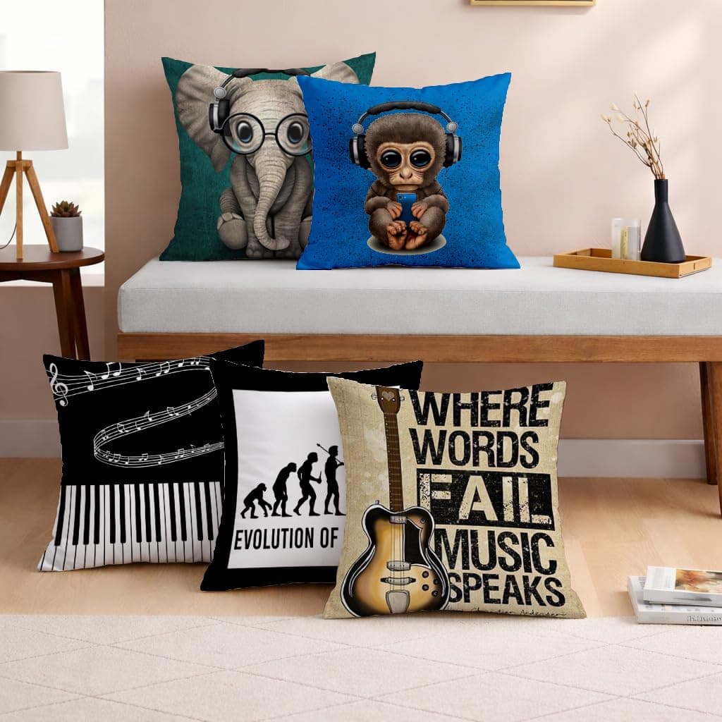 STITCHNEST Music Instrument Printed Jute Cushion Cover Set of 5 (16 X 16 Inches with Filler)