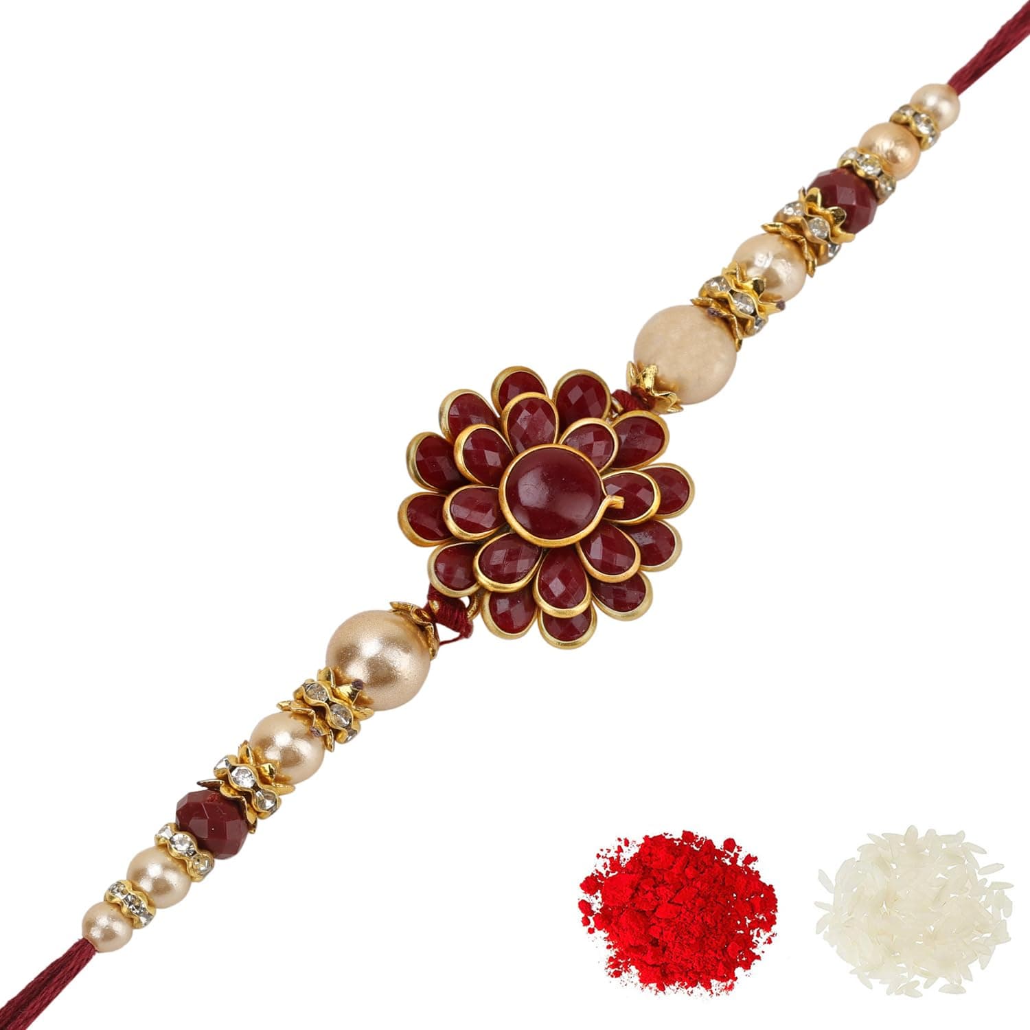 Riddhika Ventures Alluring Gold Plated Floral and Pearl Rakhi (Bracelet) with Roli Chawal & Greeting Card (B2)