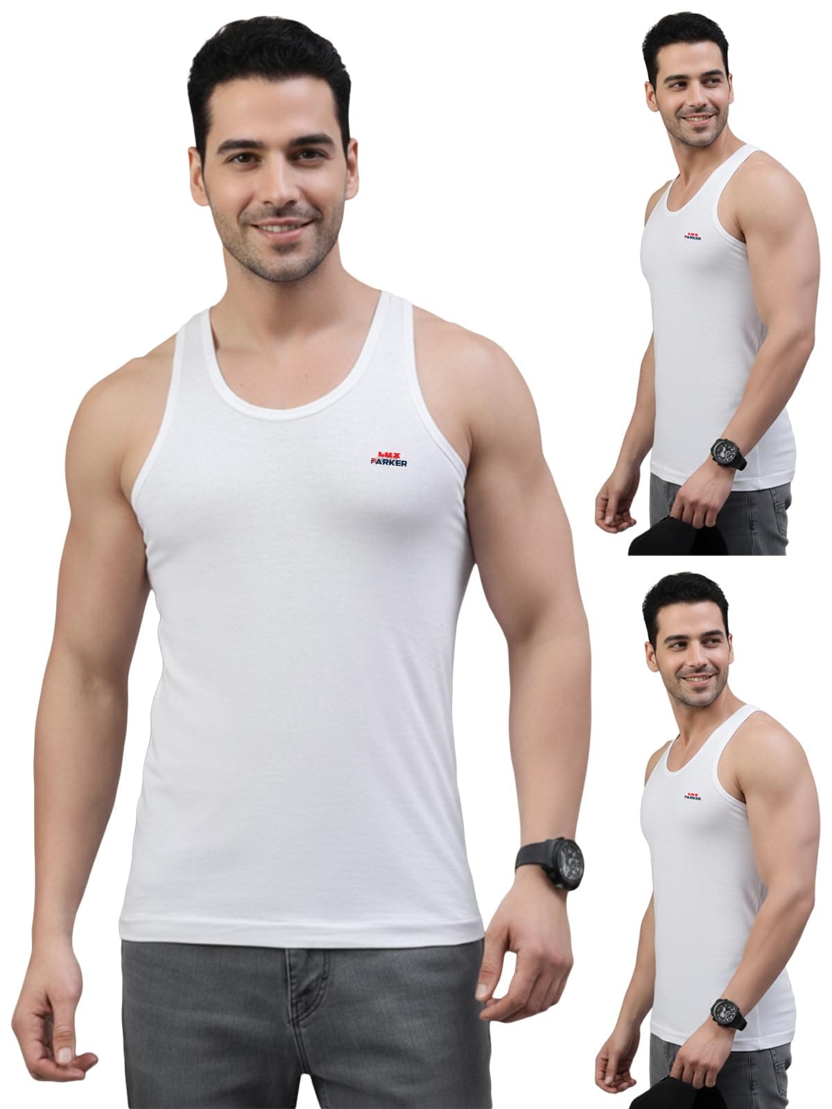 LUX PARKER Men's Cotton Sleeveless Round Neck Regular Fit Vest | Baniyan for Men | Pack of 3
