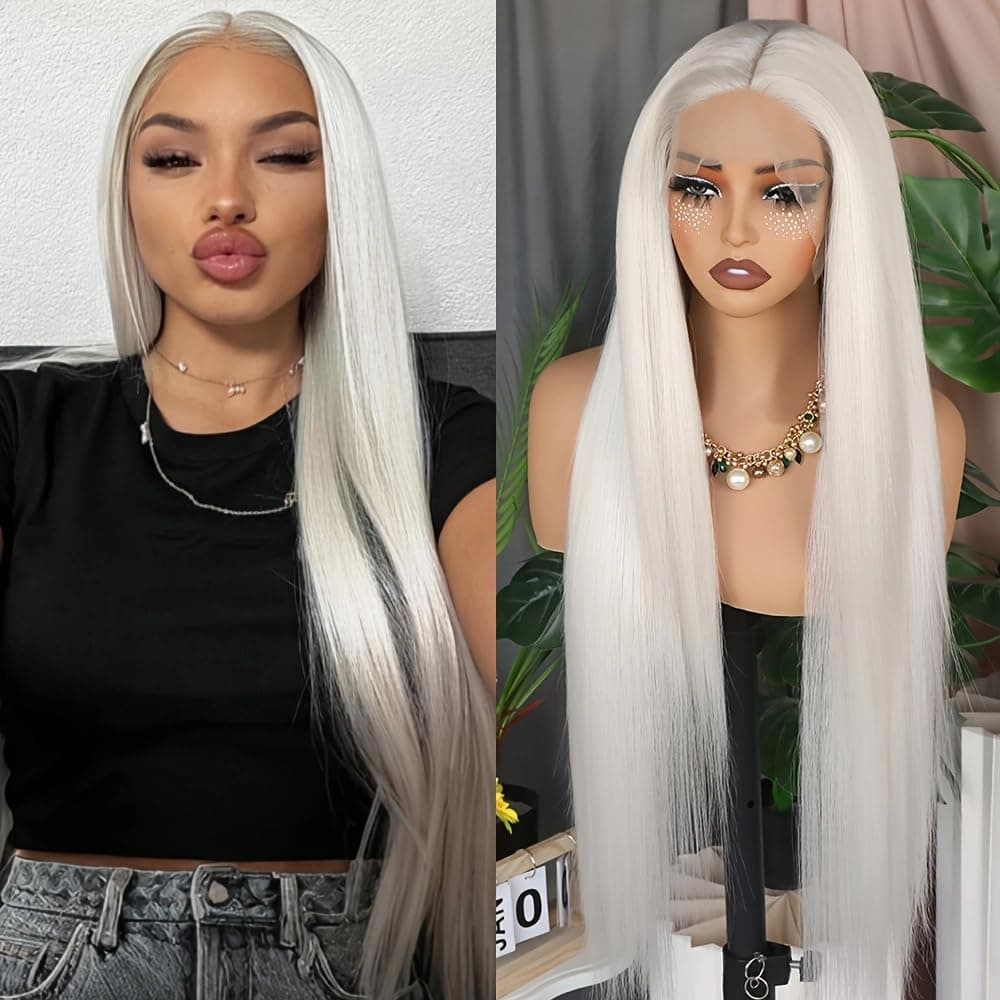 Aubree Platinum White No Lace Wigs Synthetic Wigs for Fashion Women Platinum Hair Blond Long Straight No Lace Front Wigs Glueless Heat Resistant Fiber Hair for Cosplay Party Use 24inches