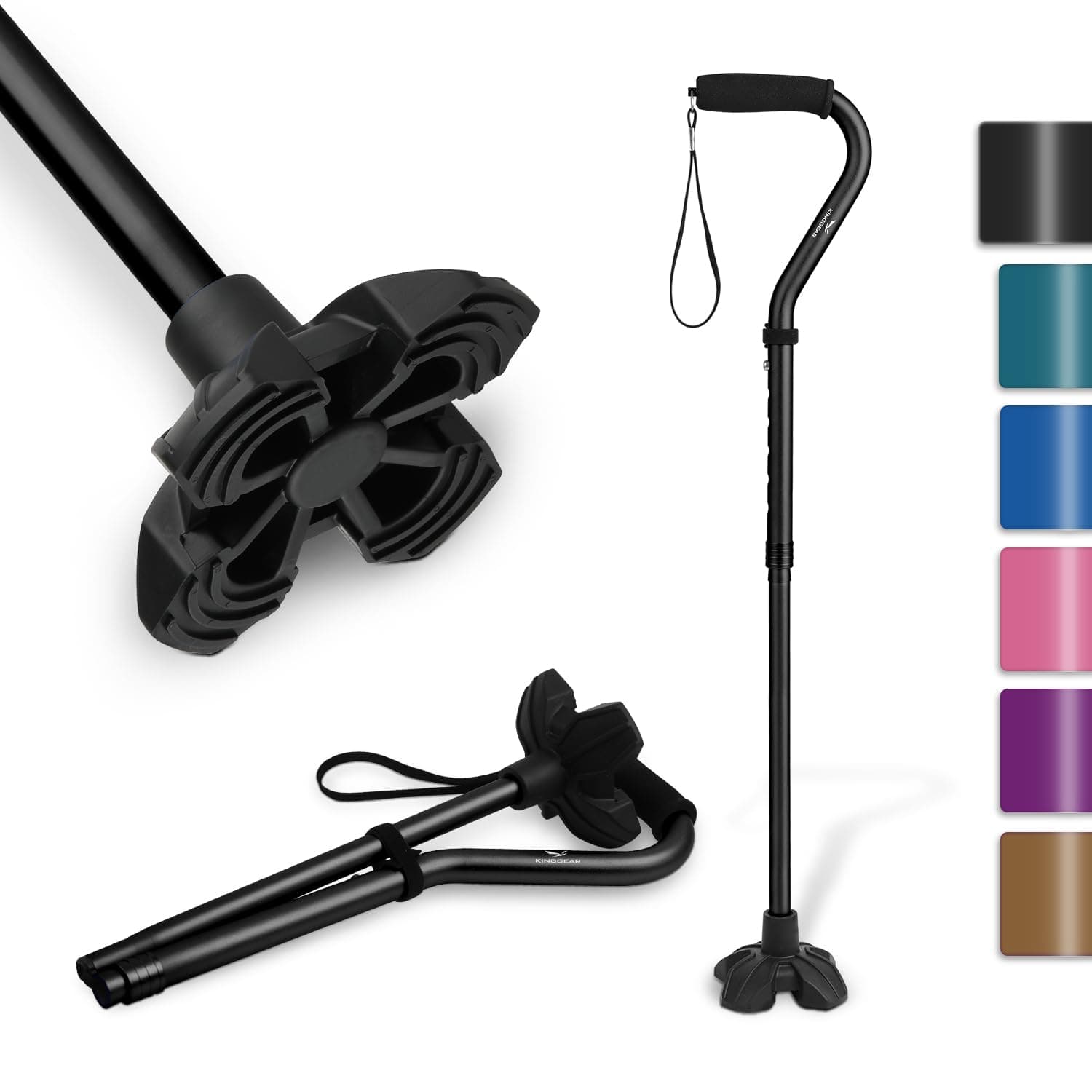 KingGear Adjustable Cane for Men & Women - Lightweight & Sturdy Offset Walking Stick - Mobility Aid for Elderly, Seniors & Handicap (Black)