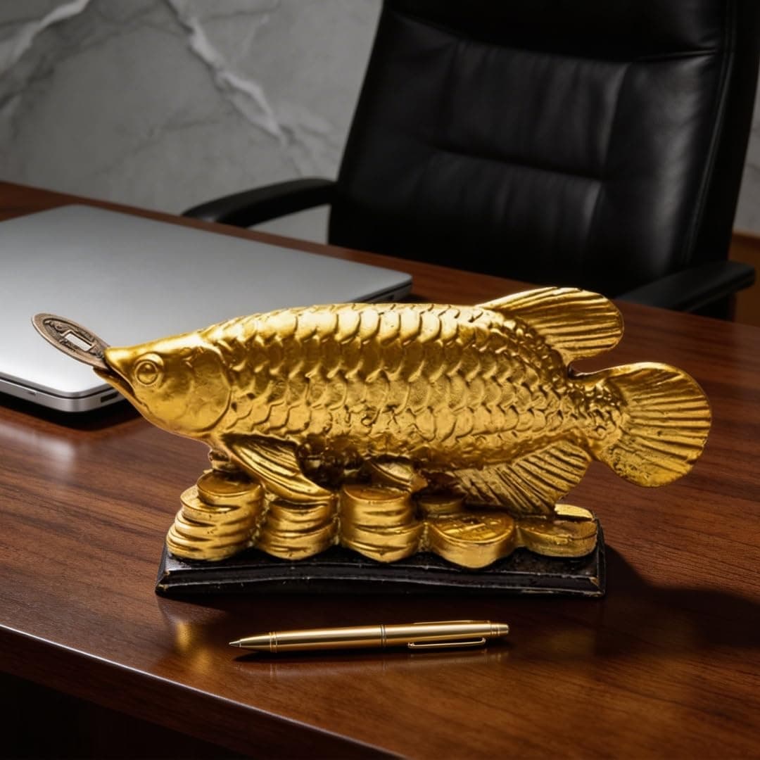 Plus Value Feng Shui Golden Arowana Fish Statue Showpiece with Coin in Mouth Wealth Symbol, Protects Mishaps, Troubles Vastu Products Home & Office Decor Decoration Gifting (Fiber)