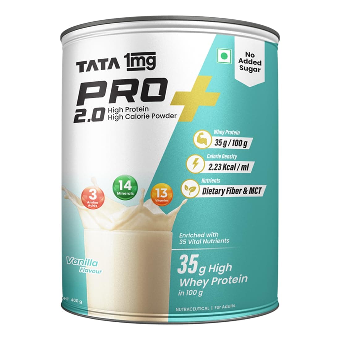 Tata 1mg Pro+ 2.0 High Protein,High Calorie Whey Powder with MCT & Amino Acids for Energy, Muscle & Bone Strength,No Added Sugar,Vanilla Flavour,400gm