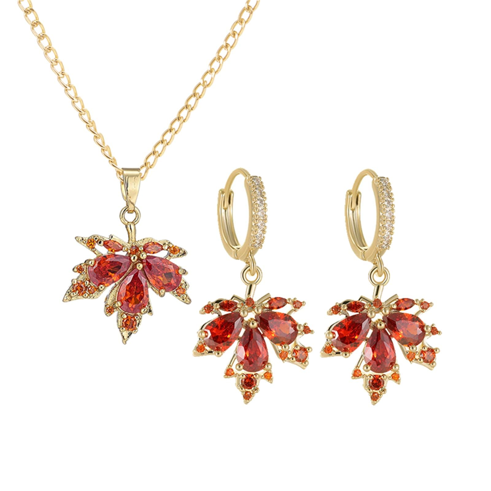 Dreuyet Rhinestone Fall Maple Leaf Jewelry Set for Women Dainty Autumn Maple Leaf Earrings and Necklace Maple Leaf Stud Earrings Hoop Thanksgiving Day gift Fall Party Accessories