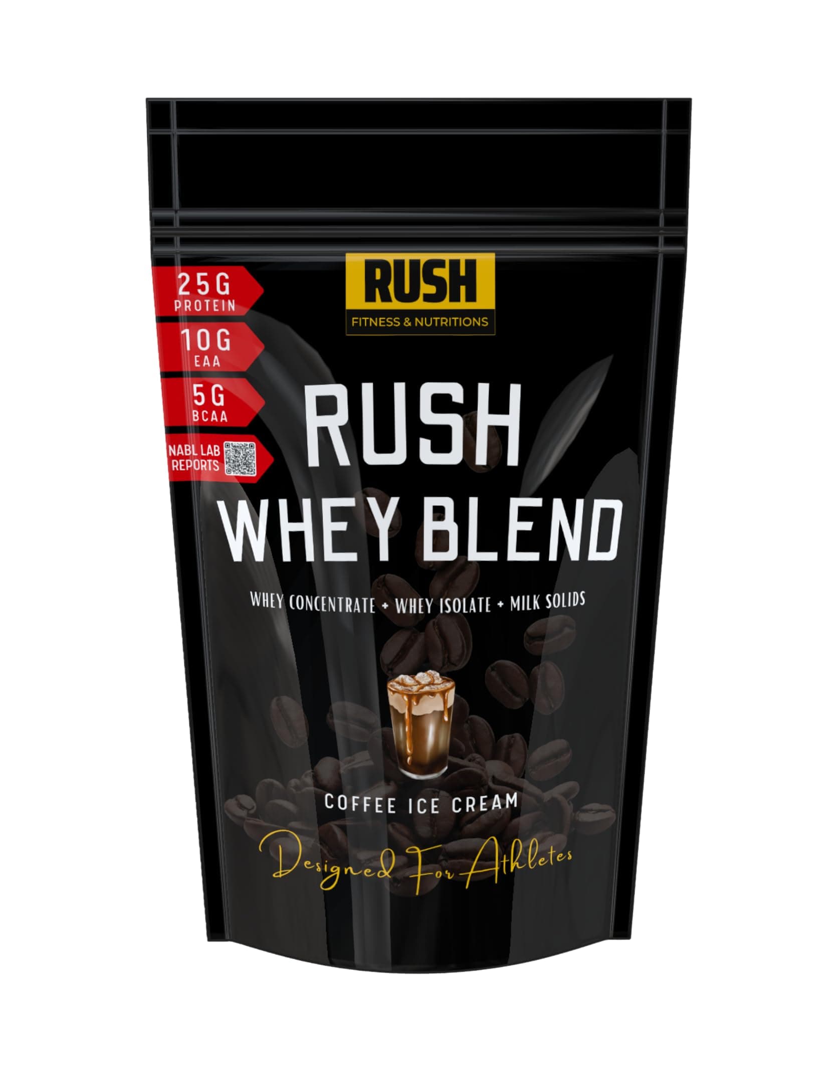 Rush Whey Blend Protein (Coffee Ice Cream, 1Kg) | 25g Protein, 10g EAA, 5g BCAA | NABL Lab Tested | Whey Isolate & Concentrate | No Maltodextrin | Muscle Recovery & Strength