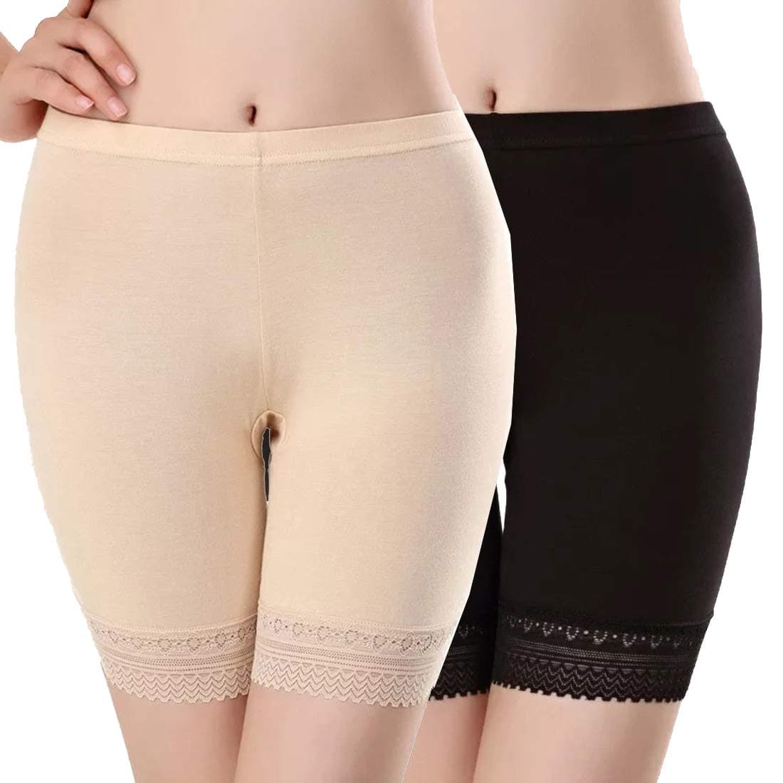 PLUMBURY Women's/Girl's Cotton Stretchable Lace Cycling Shorts/Under Skirt Shorts Safety Shorts,Black/Beige (Size L-XL)