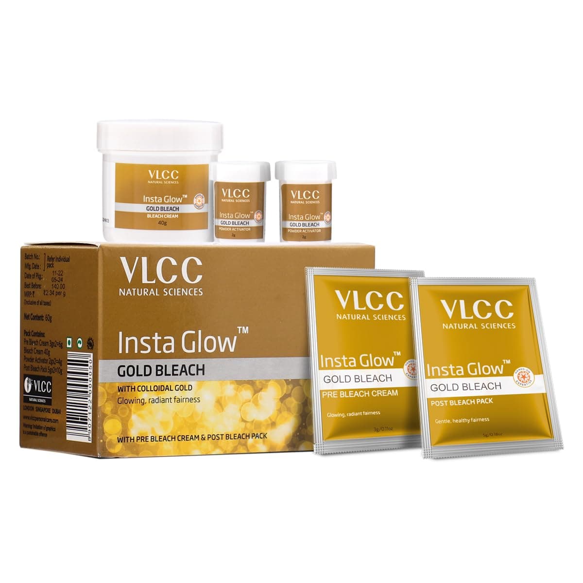 VLCC Insta Glow Gold Bleach - 60g X 2 ( Pack of 2 ) | With Colloidal Glow For Glowing Fairness | Skin Brightening Bleach | Perfect Skin Match, Reduces Facial Hair Visibility, Brightens Complexion.
