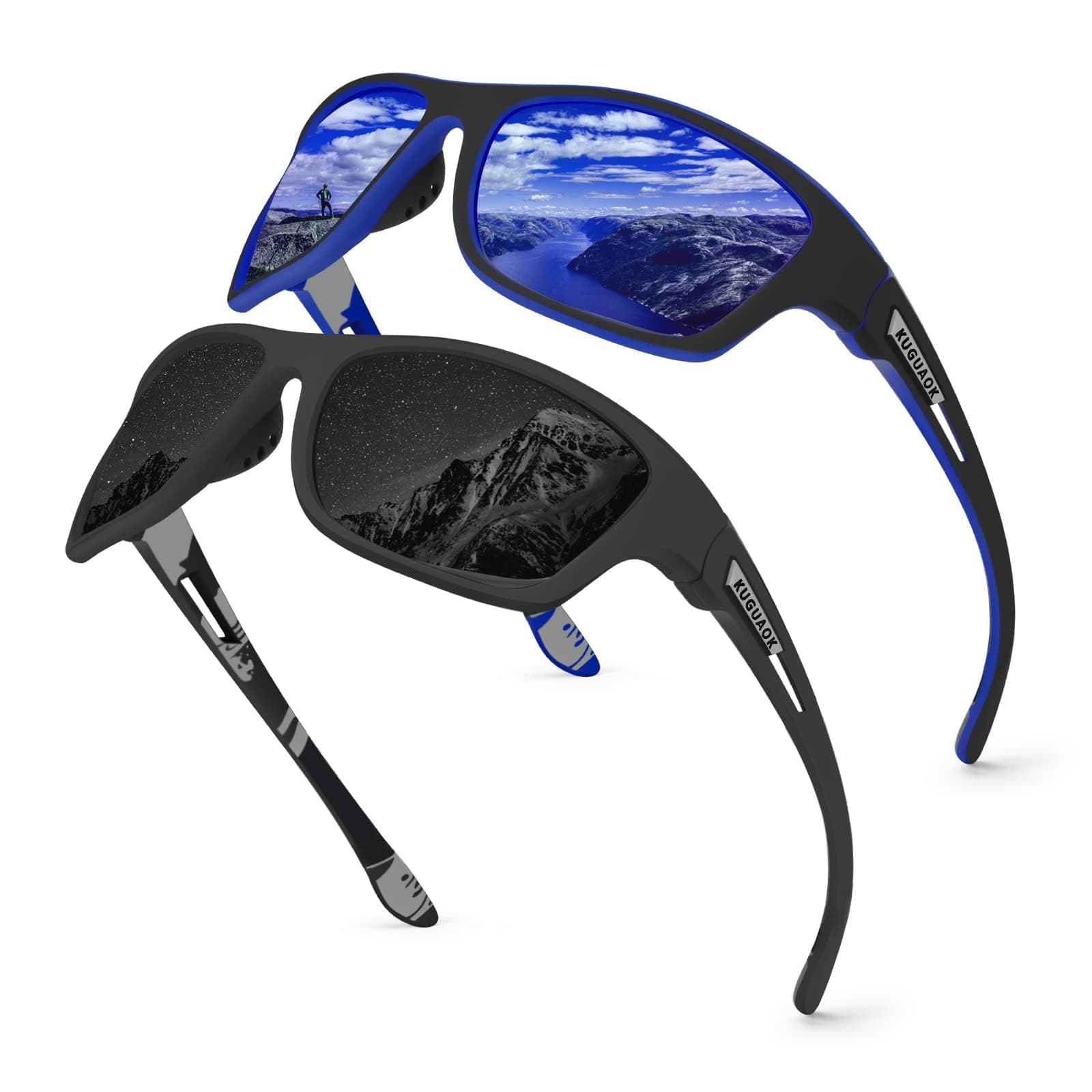 KUGUAOK Polarized Sports Sunglasses for Men Driving Cycling Fishing Sun Glasses 100% UV Protection Goggles, 2packblack+dark Blue, 1