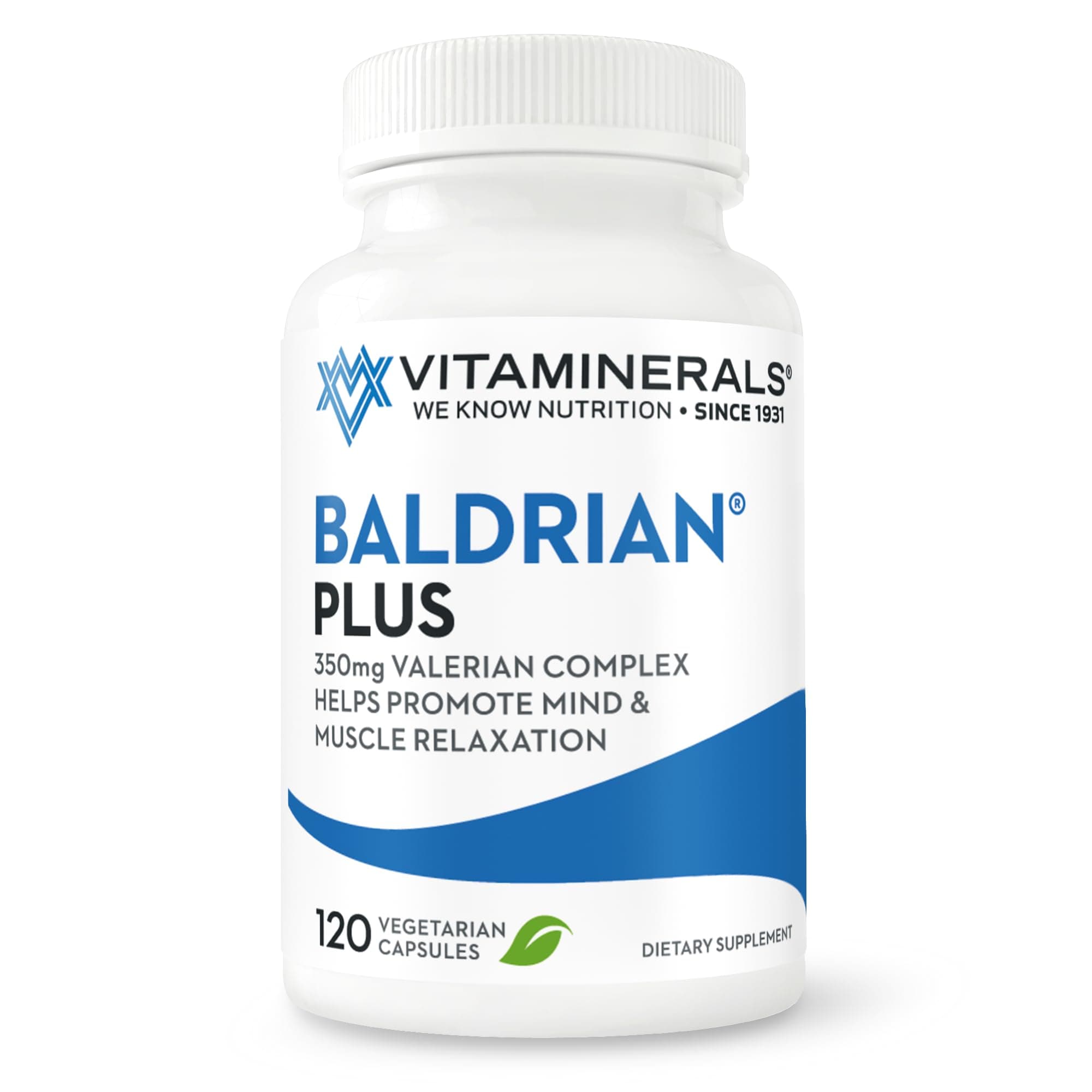 VITAMINERALS 33+ Baldrian® Plus Natural Relaxing Support Standardized Valerian Extract - Extra Strength 120 Count