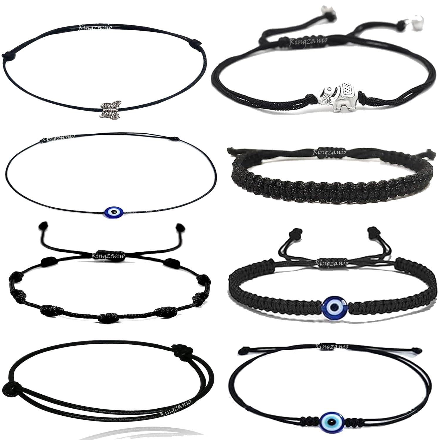 Ringzanio Black Thread Anklet and Bracelet | 8 Design Combo For Women and Girls | Adjustable Anklet and Bracelet | Black Thread Anklet | Unisex Combo Evil Eye and Charms