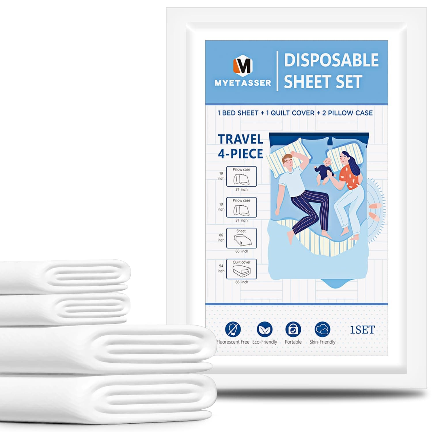 Myetasser Kingsize Disposable Bedding Set, 4pcs (1 Sheet, Quilt Cover, 2 Pillowcases), White, Modern Style, All-Season, Waterproof, Breathable