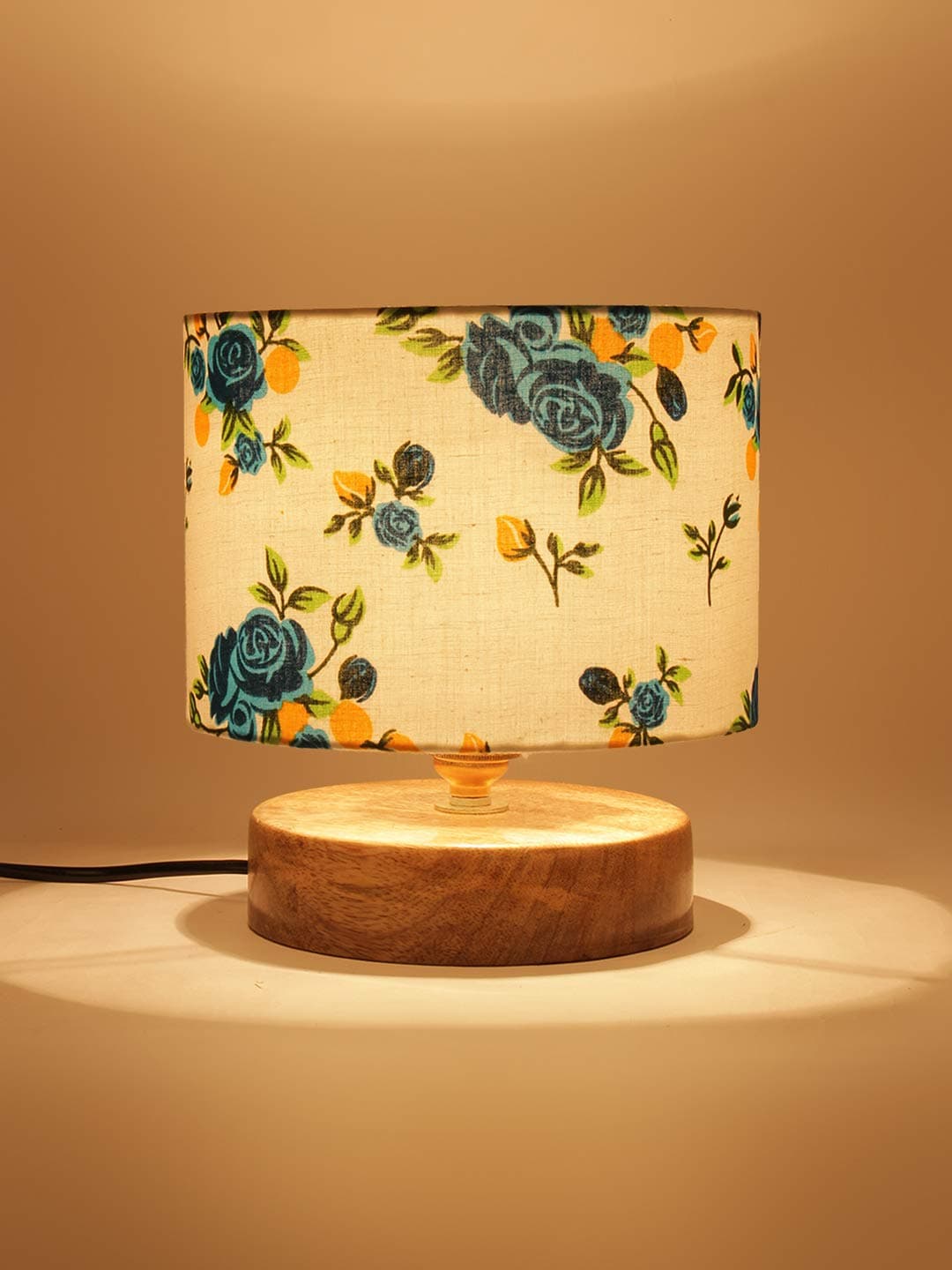 AMDHOME Blue Floral Fluorescent Cotton Shade Table Lamp with Wood Base - Height 7 Inches | Warm Ambient Light for Living Room, Bedroom, Home Decor, Study Lampshade
