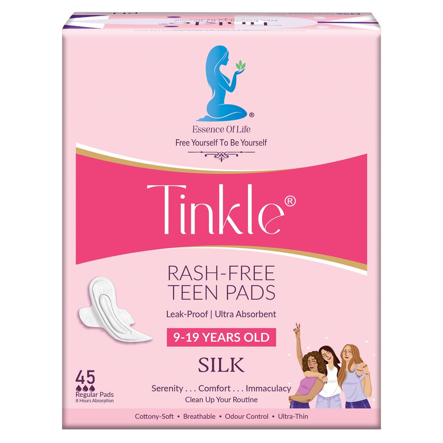 Tinkle Silk Sanitary Pads for Girls, Rash Free Teen Sanitary Pads, Soft Organic Cotton Mini Pads, Small Pads for Teenage Girls, Super Absorbent, Leak Proof, Ideal for All Flow Types, 45 Count