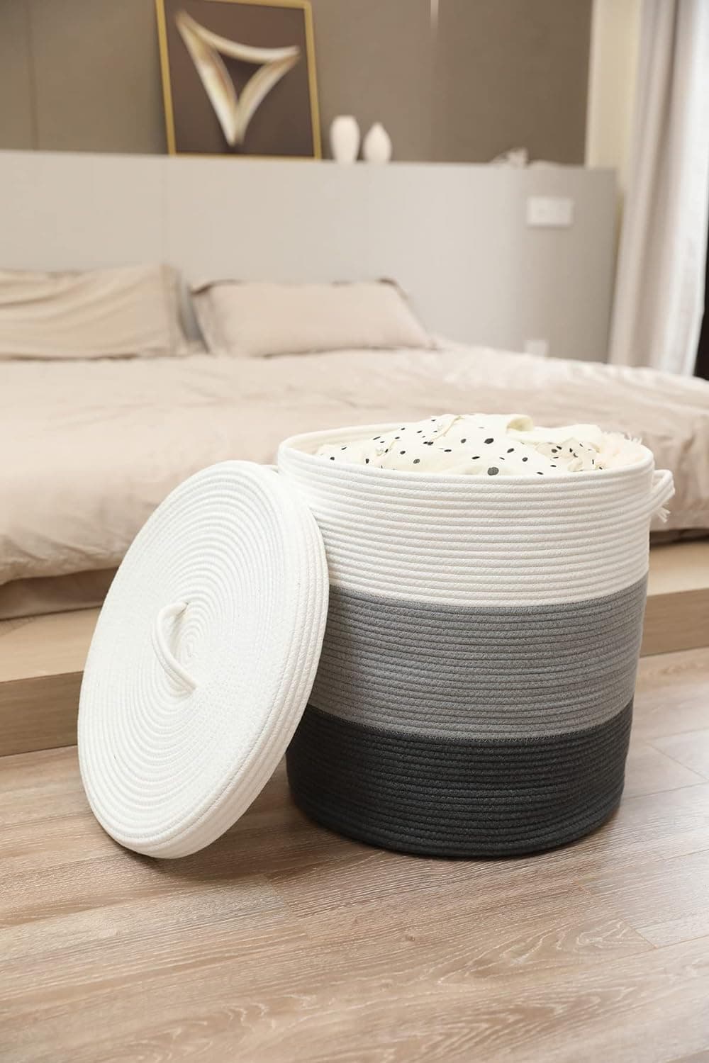 THE FIRST HOME DECOR Laundry Basket, Cotton Rope storage basket, Woven Decorative Storage basket with Handles, for cloths, blankets, pillow, dirty cloth