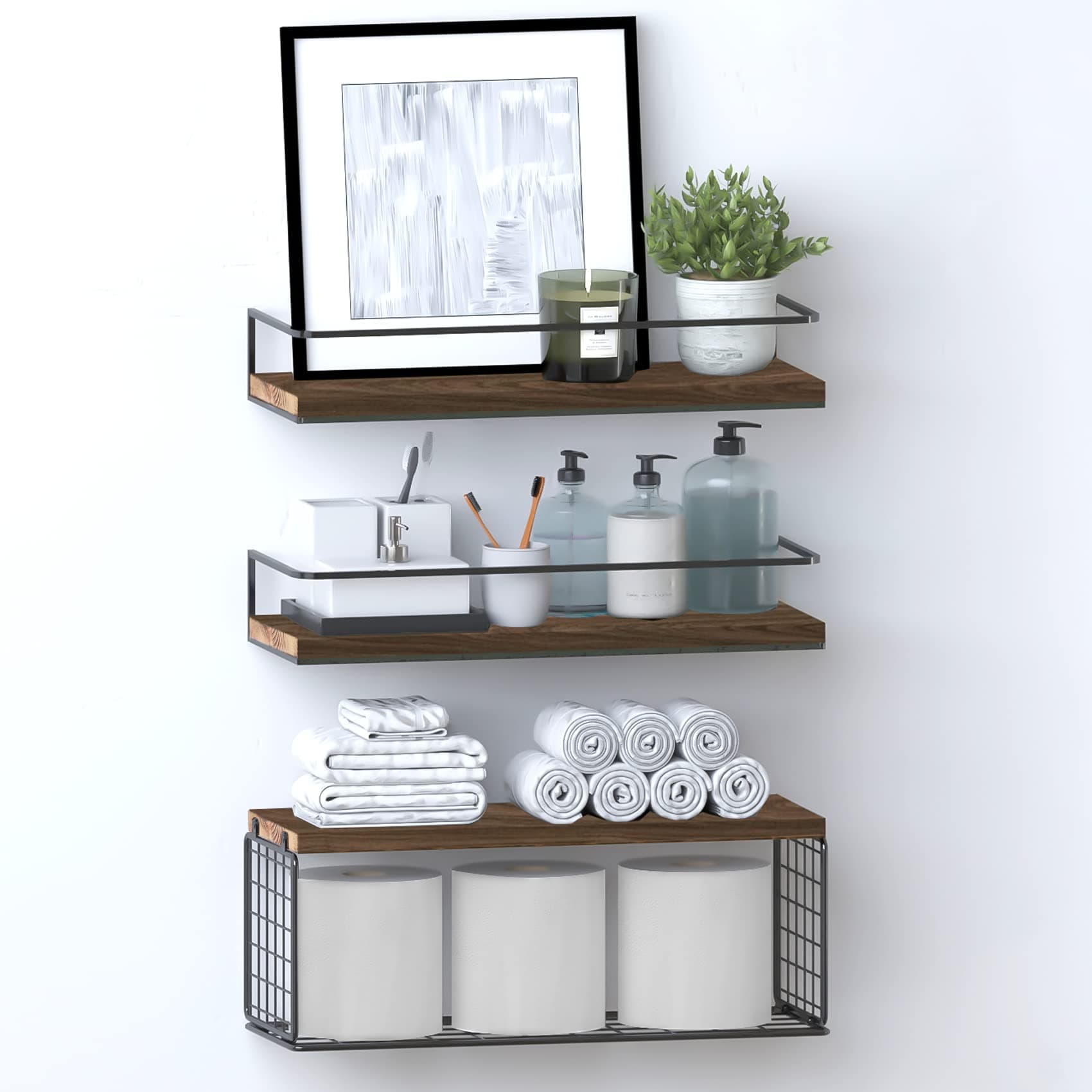 Floating Shelves Wall Mounted Shelves with Black Storage Basket and Protective Guards,Bathroom Shelf Over Toilet,Wooden Shelves for Bedroom,Living Room,Kitchen-Paulownia