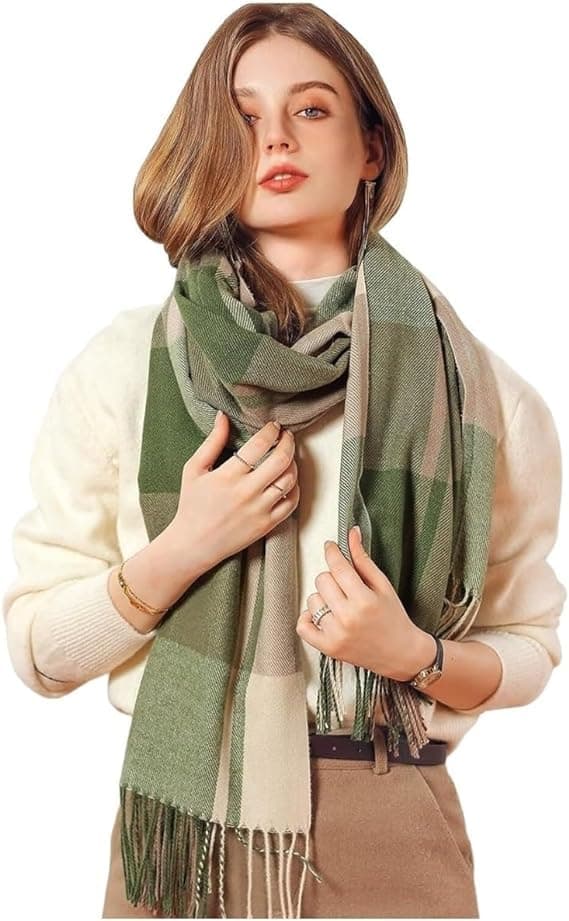 Song Ting Winter Green Check with Line Warm Long Stoles Shawls Long Big Checked Scarves Woolen Women Casual Scarf Soft Wrap for Casual Formal Occassions- 200CM*70CM