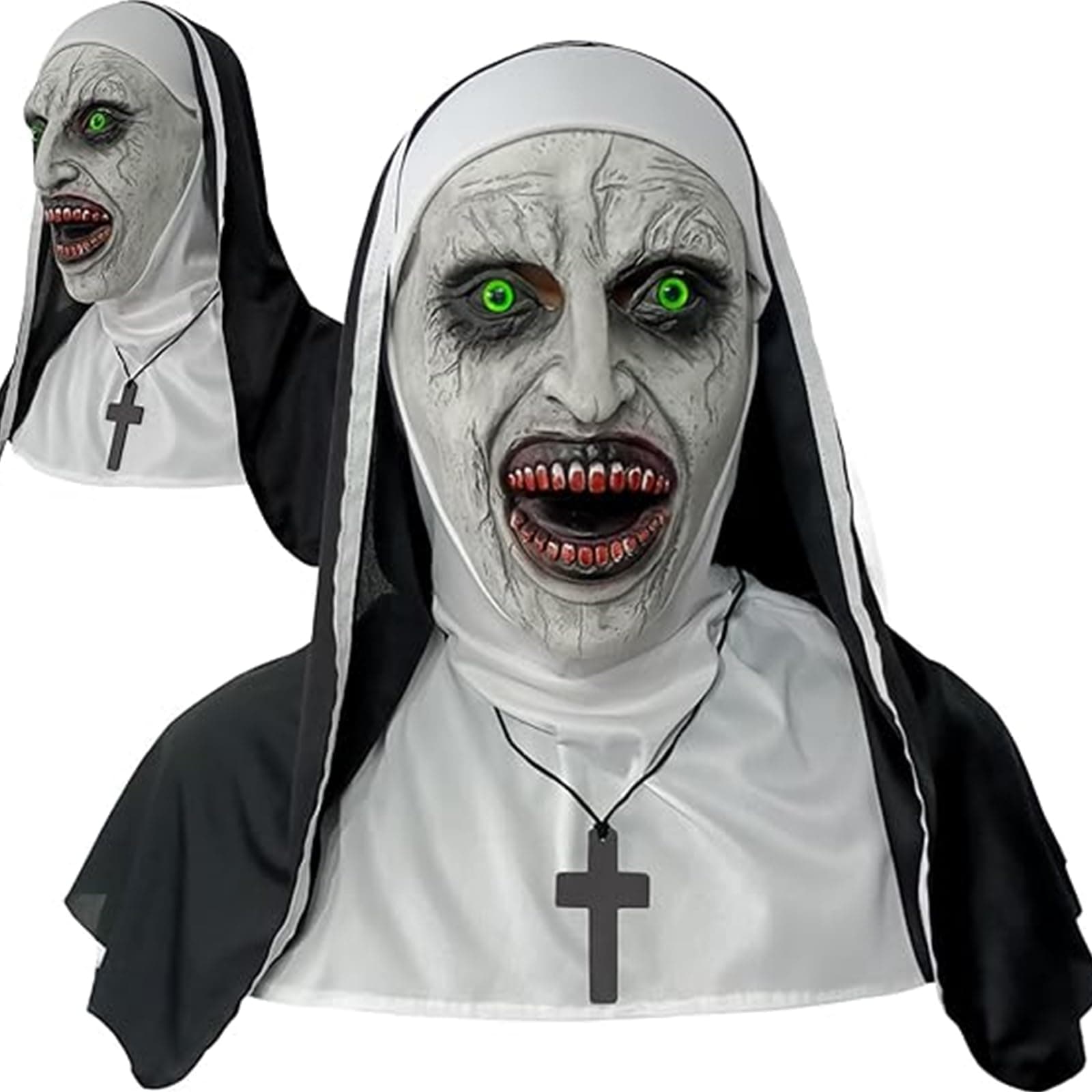QPQEQTQ 2024 Nun Scary Mask,Halloween Party Supernatural Horror Full Head Costume Mask with Cross Necklace