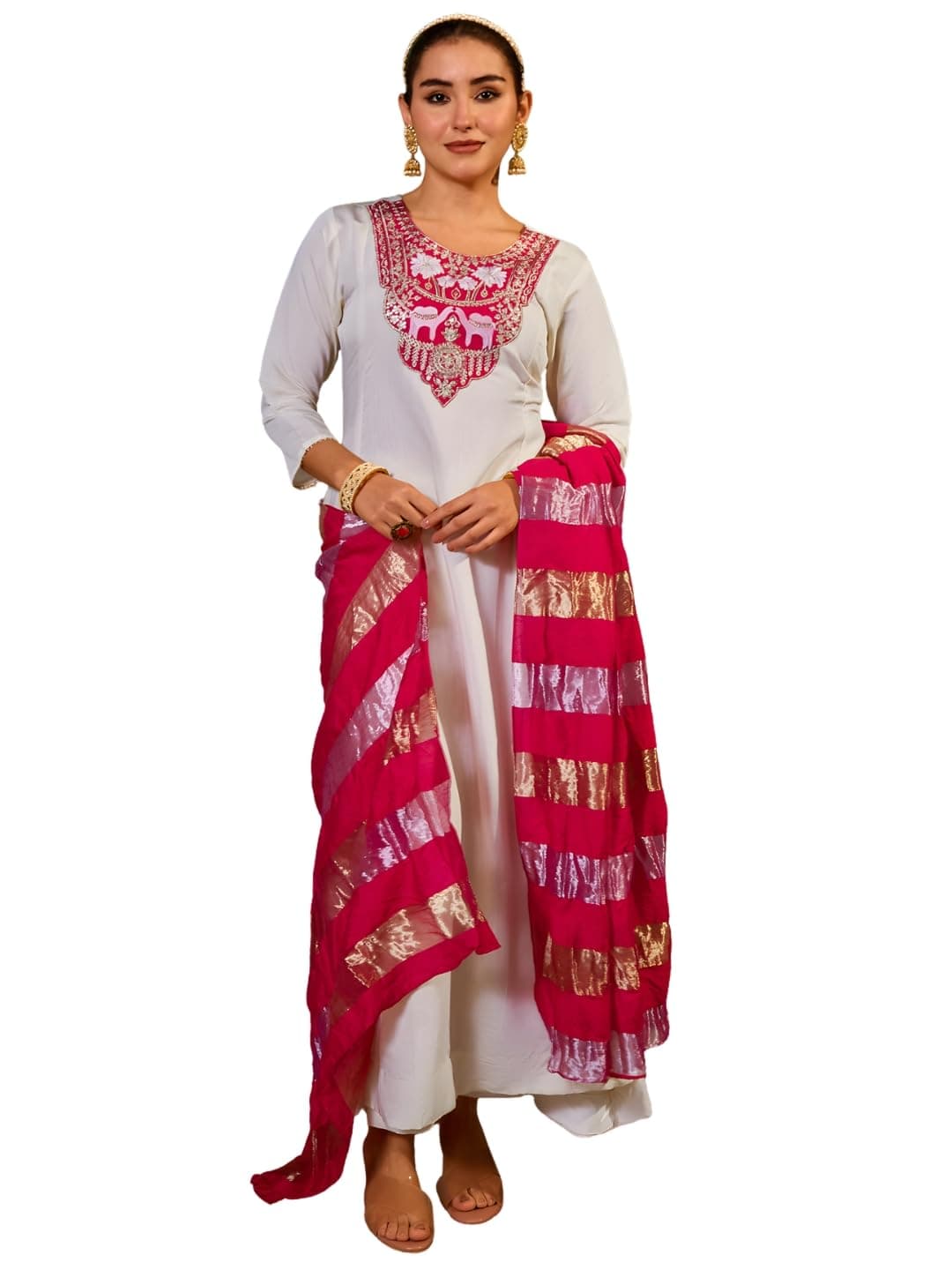 Naixa Women's Simar Embroidered A-Line Kurta with Pant | Red Viscose Jacquard Stripes Dupatta Set | 3/4 Sleeve | Round Neck | Festive (Available in Plus Size)
