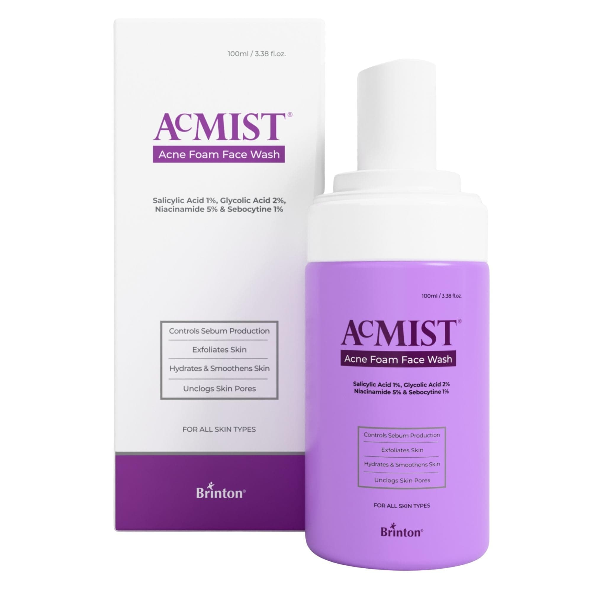 Brinton Acmist Acne Foam Face Wash | 1% Salicylic, 2% Glycolic & 5% Niacinamide | Controls Sebum, Unclogs Pores, Smoothens Skin | For All Skin Types | 100 ml